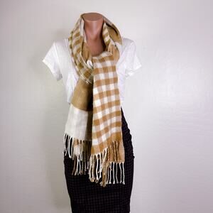 Topshop Cute Fringe Reversible Two Sided Gingham Plaid Scarf Tan Beige White NEW
